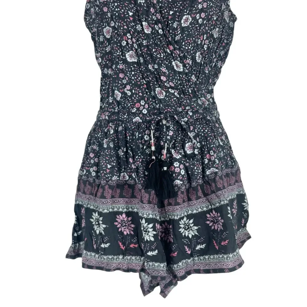 American Eagle Floral Tassel Tie Romper Sleeveless Gray Pink Size XS